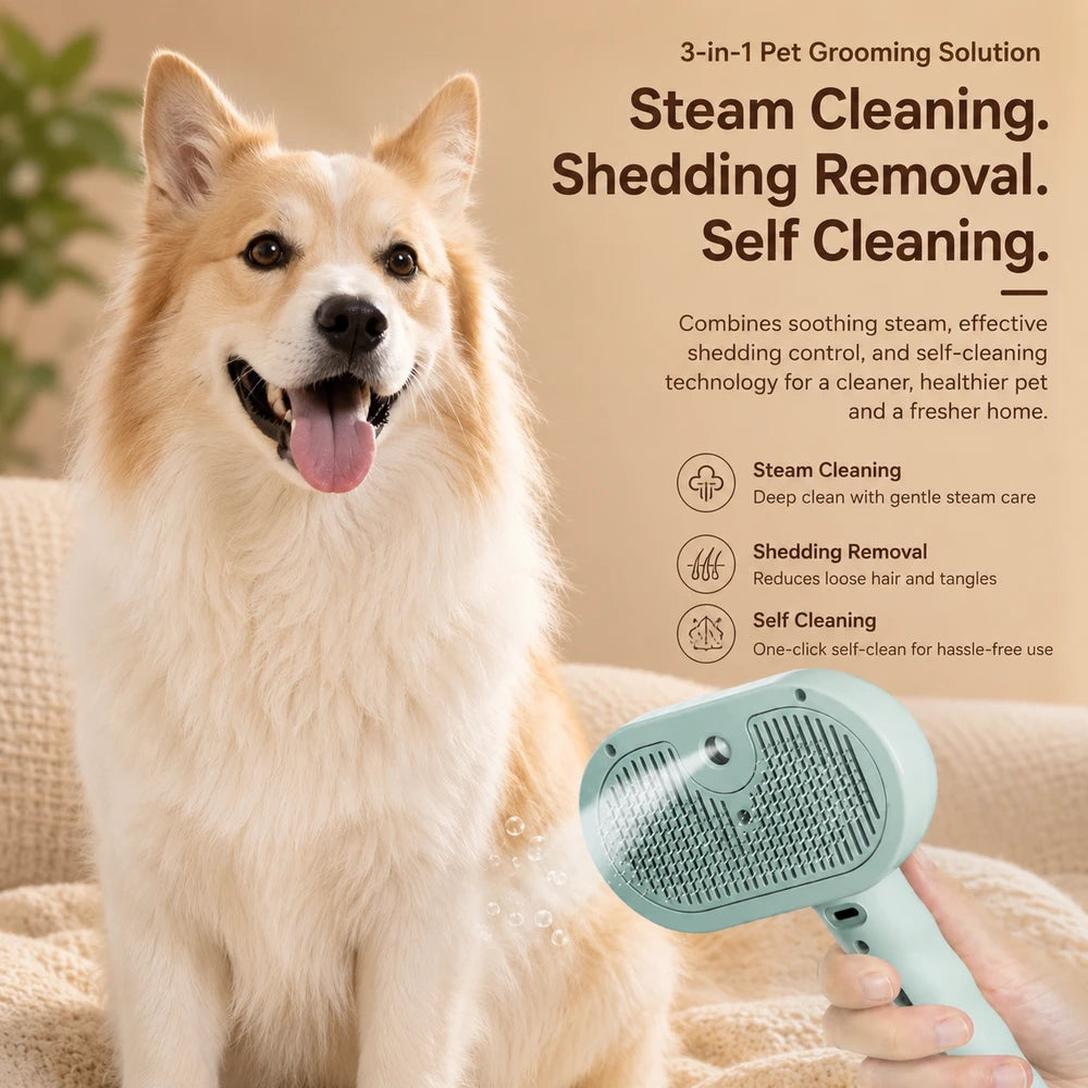 3-in-1 Steam Pet Brush - combined steam cleaning, shedding removal, and self-cleaning in one easy-to-use tool.