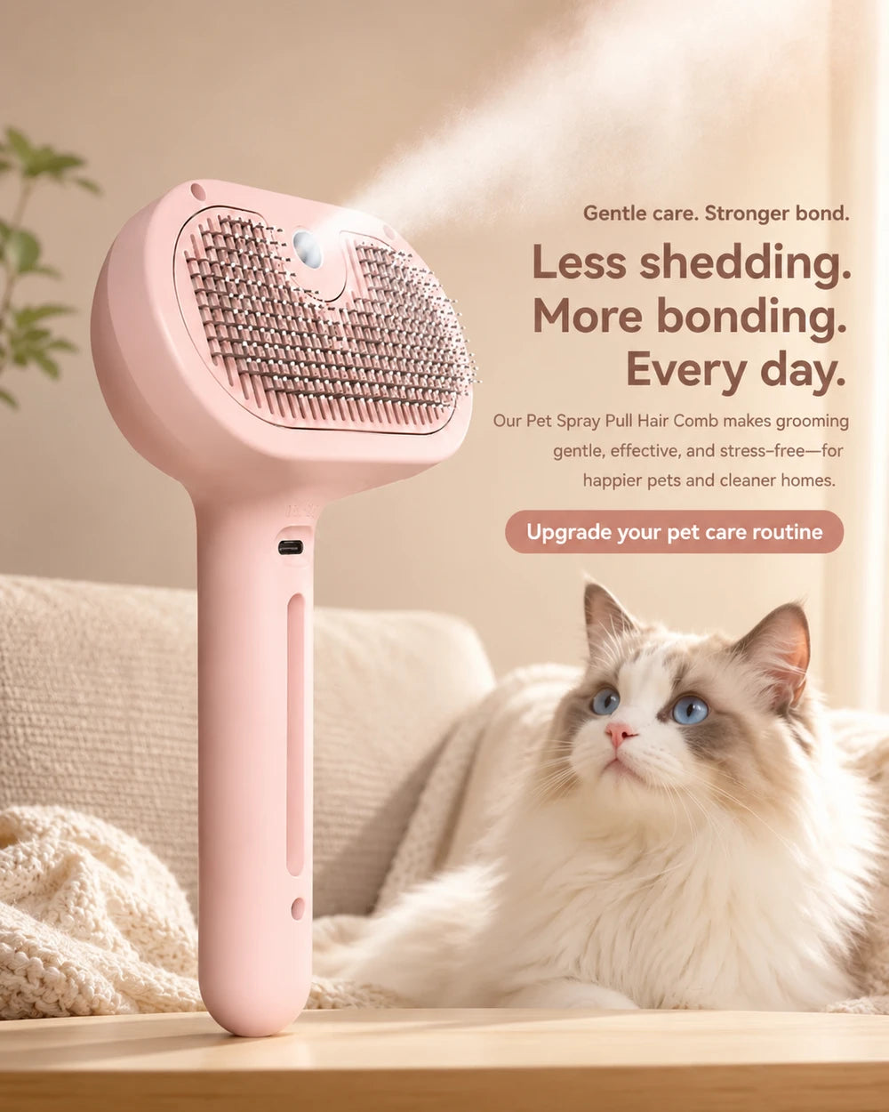 3-in-1 Steam Pet Brush - combined steam cleaning, shedding removal, and self-cleaning in one easy-to-use tool.